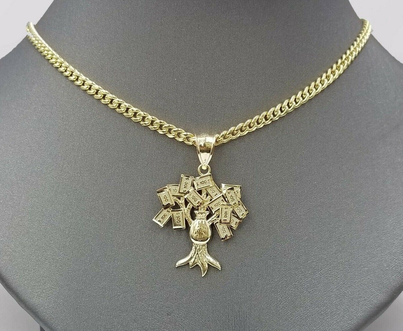 REAL 10k Gold Chain Pendant Set Miami Cuban Chain 3mm& Money Tree Charm, 18"-28"