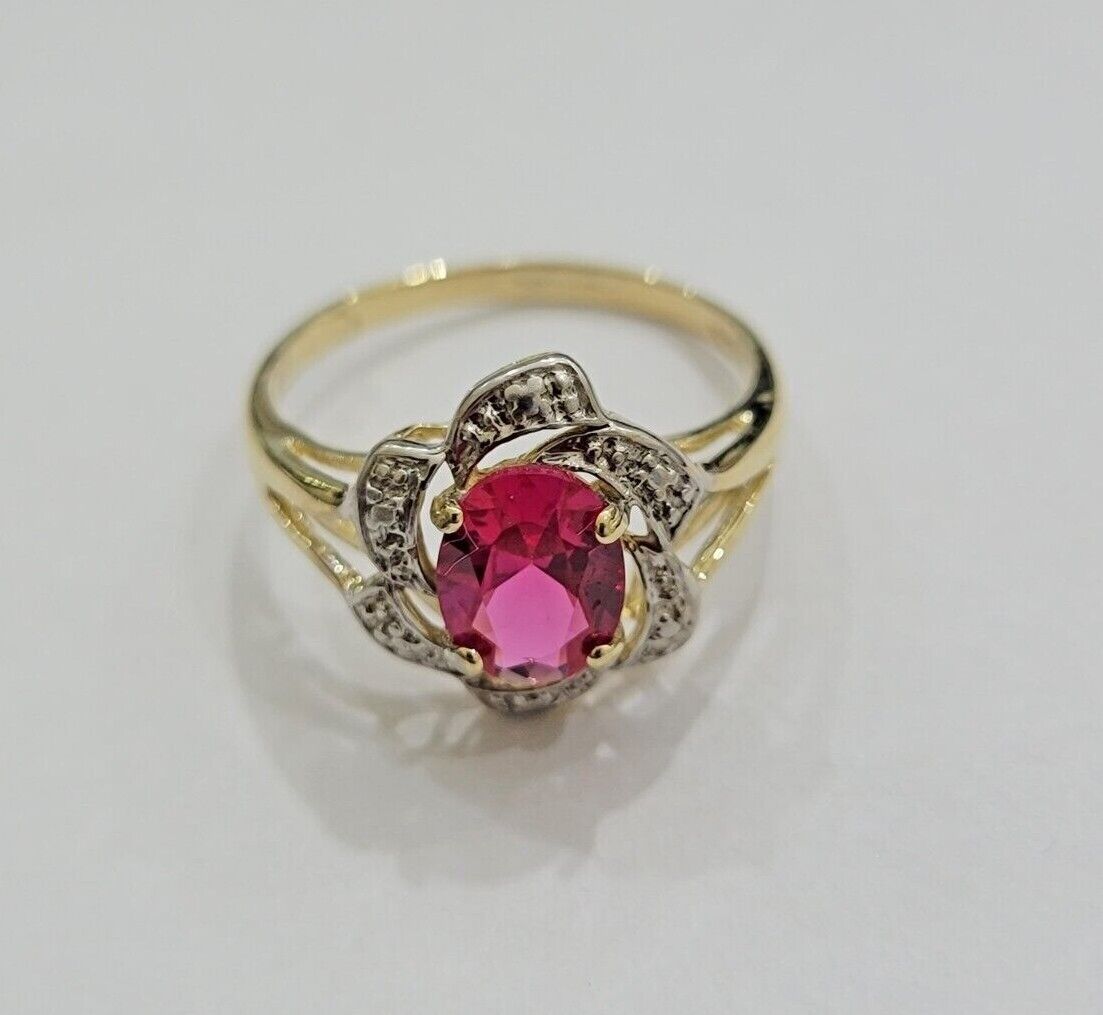 10k Yellow Gold Ladies Ruby Red Ring Women's Casual Band Real 10kt Flower Design