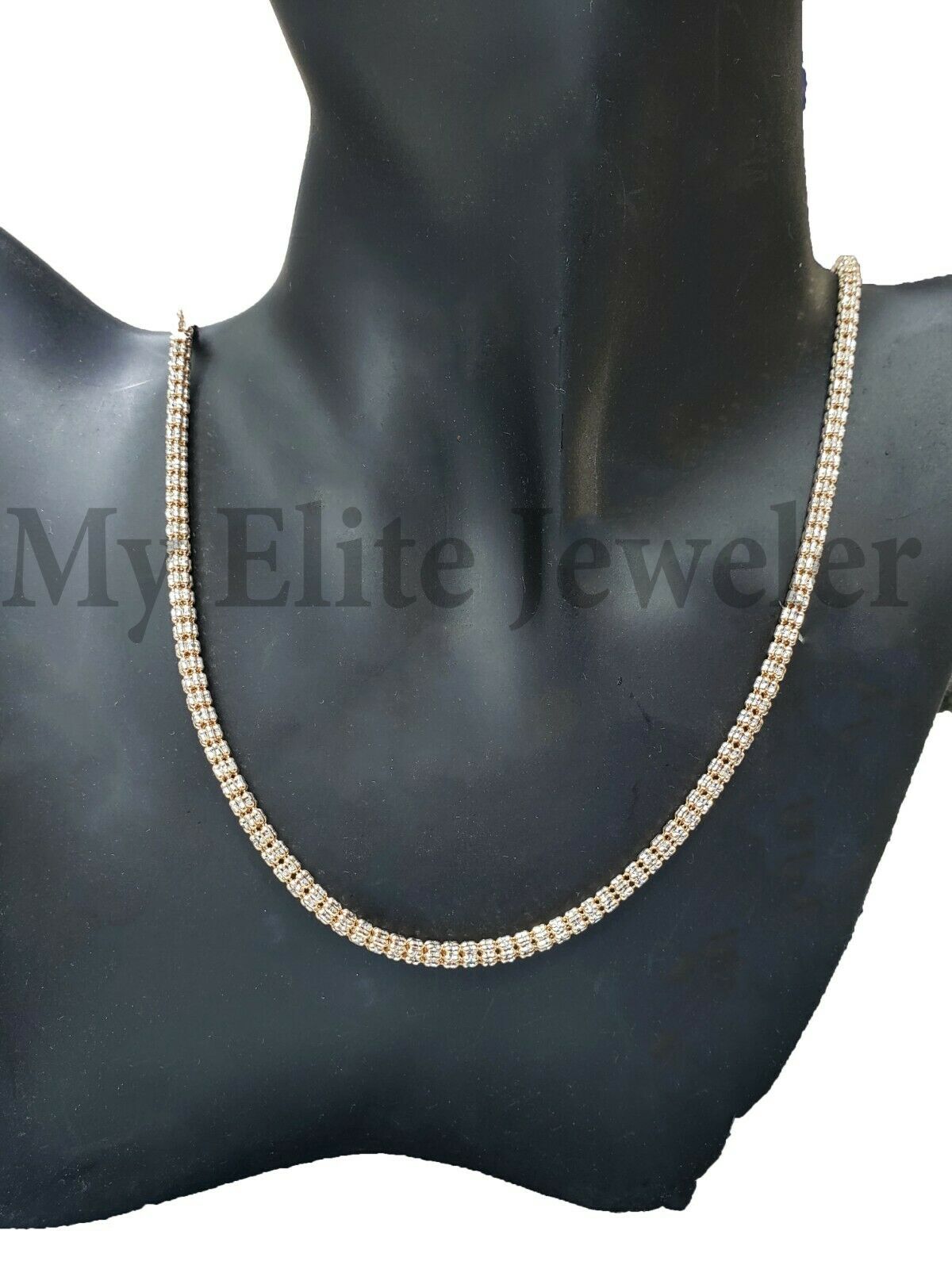 10k Yellow Gold Tennis Chain Necklace 24" 4mm Diamond Cuts Unique Design, Real Gold