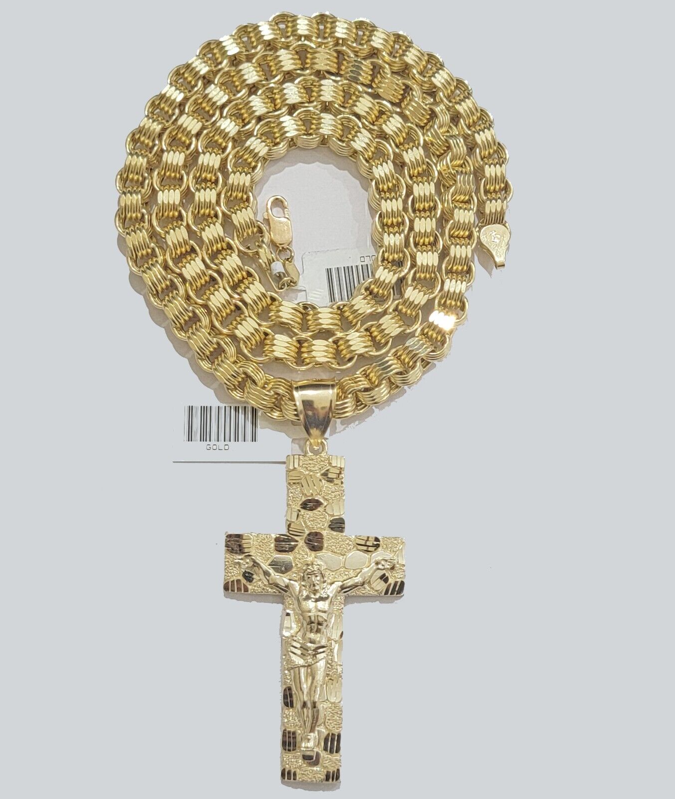 Real 10kt Yellow Gold Chain Pendant Byzantine Necklace Nugget Cross Charm SETS