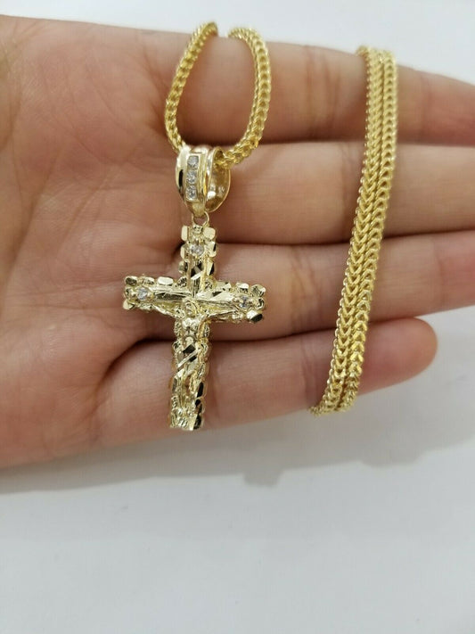 REAL 10k Yellow Gold Franco Chain & Cross Charm Pendant Set 16"-26" 2mm Necklace