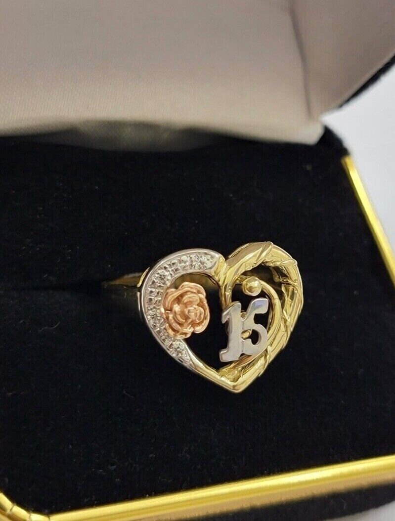 Ladies Ring 10k Gold Quinceanera 15 Anos Year Girls 10KT Yellow Hearts REAL SALE