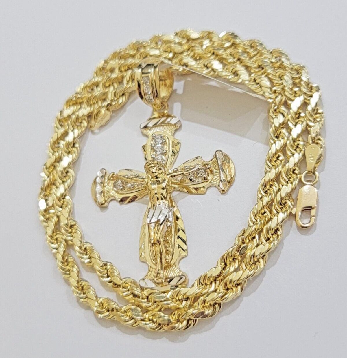 Real 10k Yellow Gold Cross pendant With Rope Chain Necklace 5mm 22