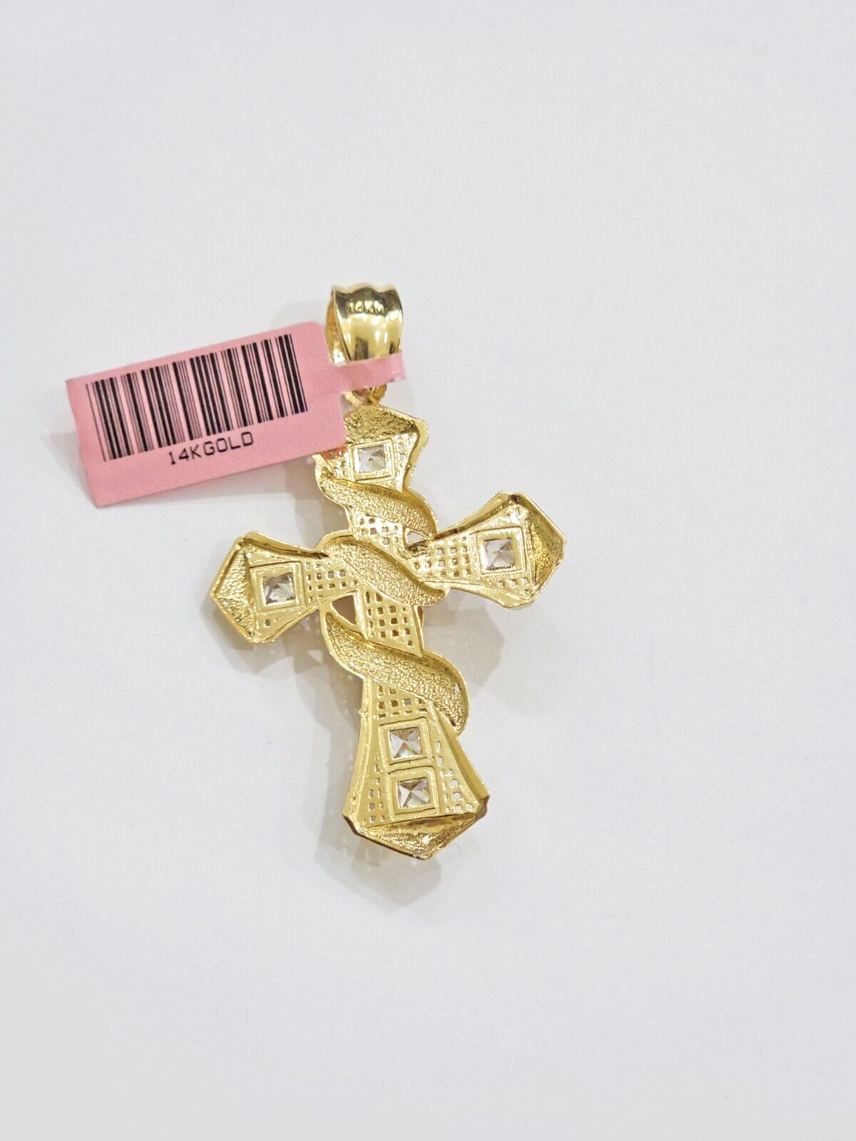 14k Yellow Gold Cross Charm Jesus Pendant 2 Inch CZ Crucifix For Chain 14kt SALE
