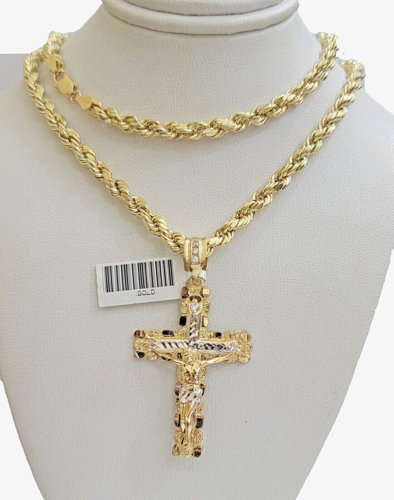 Real 10k Gold Rope 24 inch Chain Jesus Cross Charm Pendant Set 5mm Necklace Mens