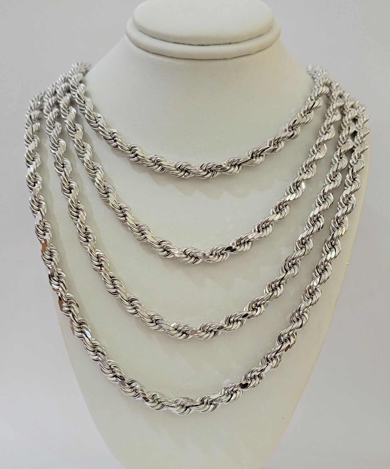 Real  10k White Gold Rope Chain Necklace Solid 6mm  22"  Diamond Cuts Men's 10KT