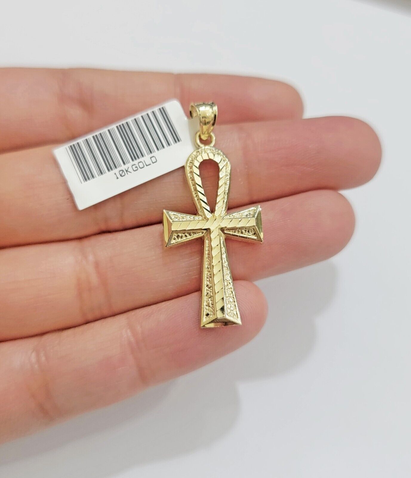 Real 10k Yellow Gold Ankh charm pendant 1.5" Diamond Cuts Cross Charm for Chain