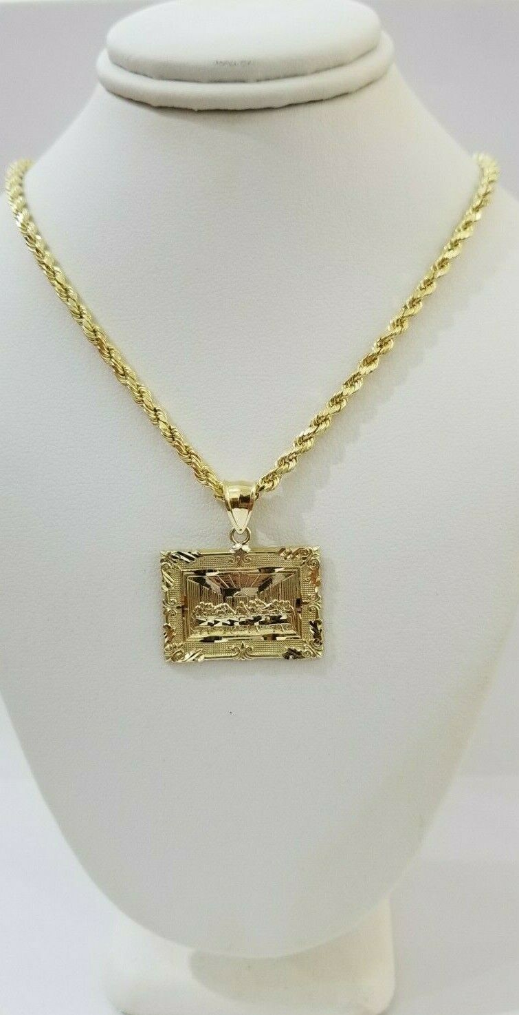 REAL 10k Yellow Gold Rope Chain Last Supper Charm Pendant SET 3mm Necklace 18-28