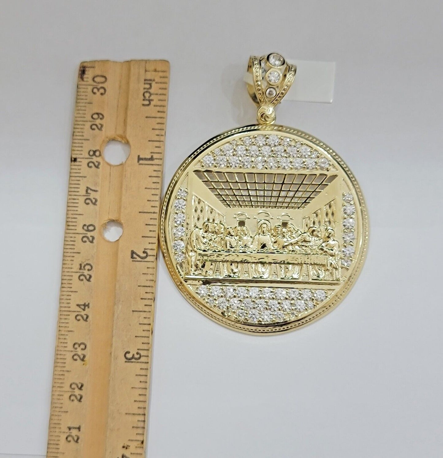 Real 10k Gold Pendant Charm Last Supper Jesus 10kt Yellow Gold With Stones , New