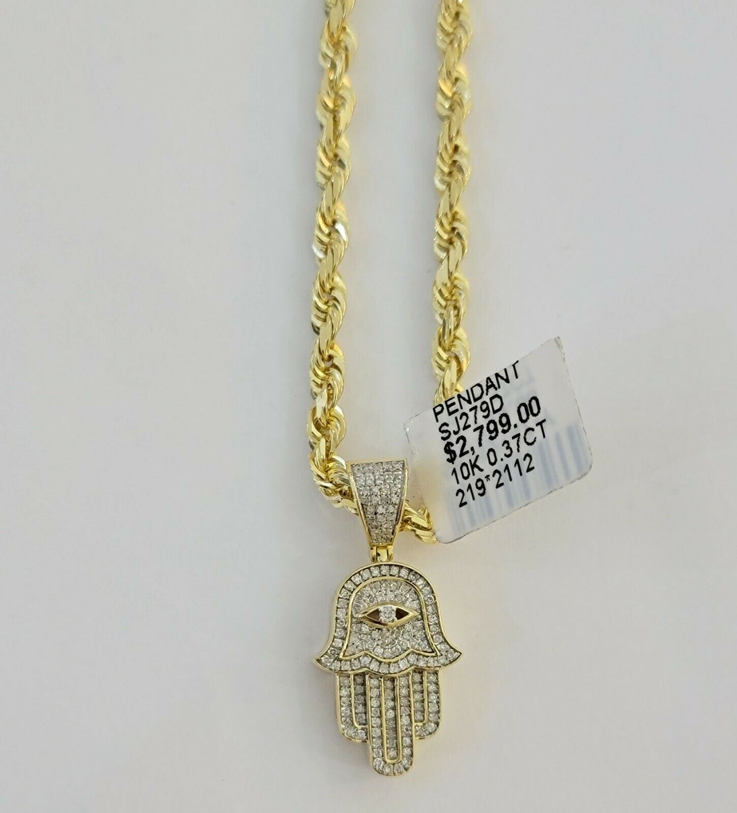 Solid 10k Gold Rope Chain Diamond Pendant Hamza Hand Charm Necklace 22" SET REAL