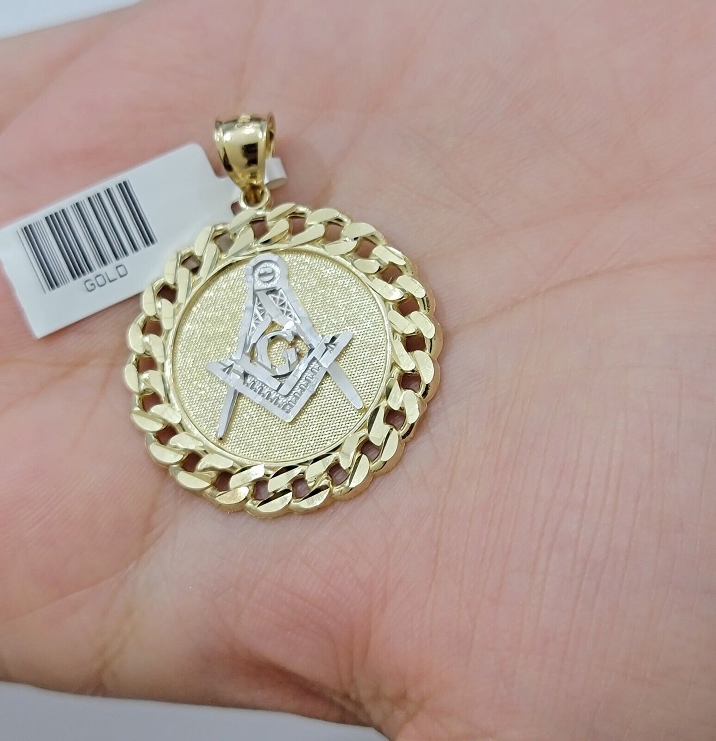 10k Yellow Gold masonic Charm pendant with cuban link circular Christmas Sale