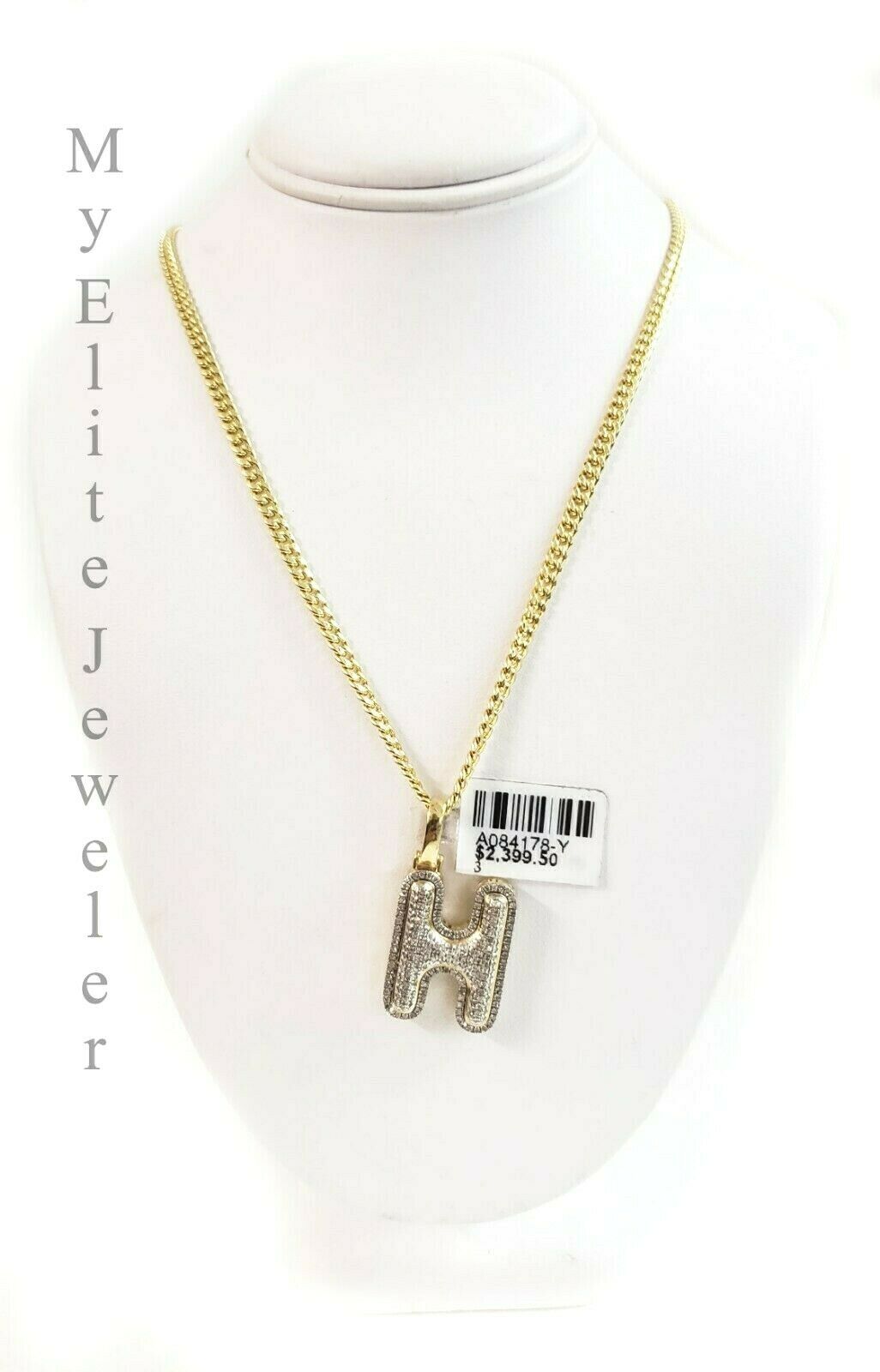 10K Gold Chain Initial H Charm Alphabet Pendant Solid 0.46 CT Diamond Men Ladies
