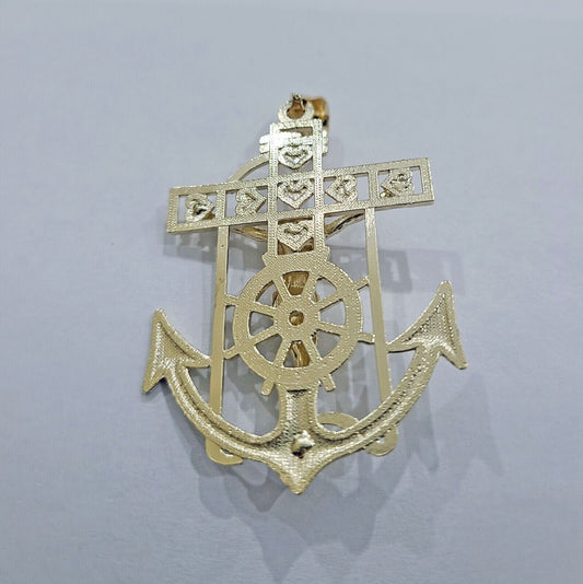 Solid 10k Yellow Gold Charm Anchor Pendant Mens Real 10 KT With Jesus crucifix