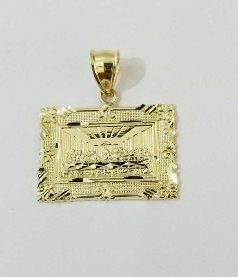 REAL 10k Yellow Gold Rope Chain Last Supper Charm Pendant SET 3mm Necklace 18-28