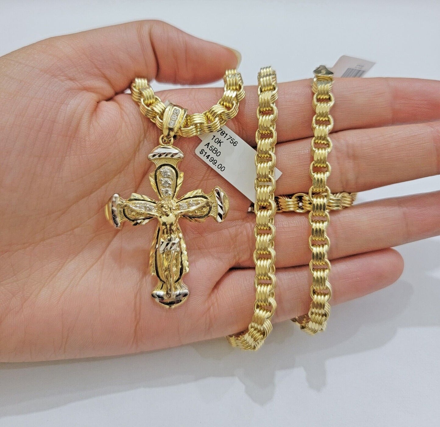 REAL 10k Gold byzantine Chain Cross Pendant Set 5mm Necklace & Jesus Crucifix