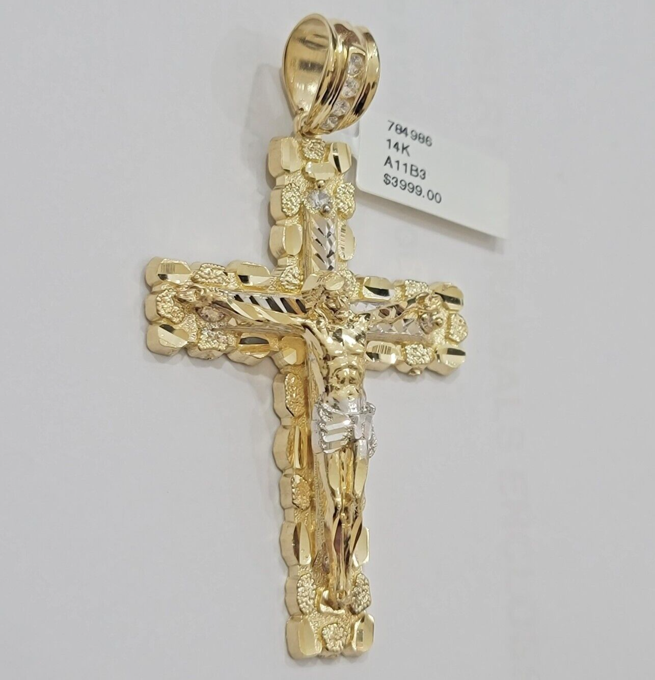 14k Yellow Gold Cross Nugget Pendant Jesus Crucifix 3.75"  14kt Gold Men's REAL