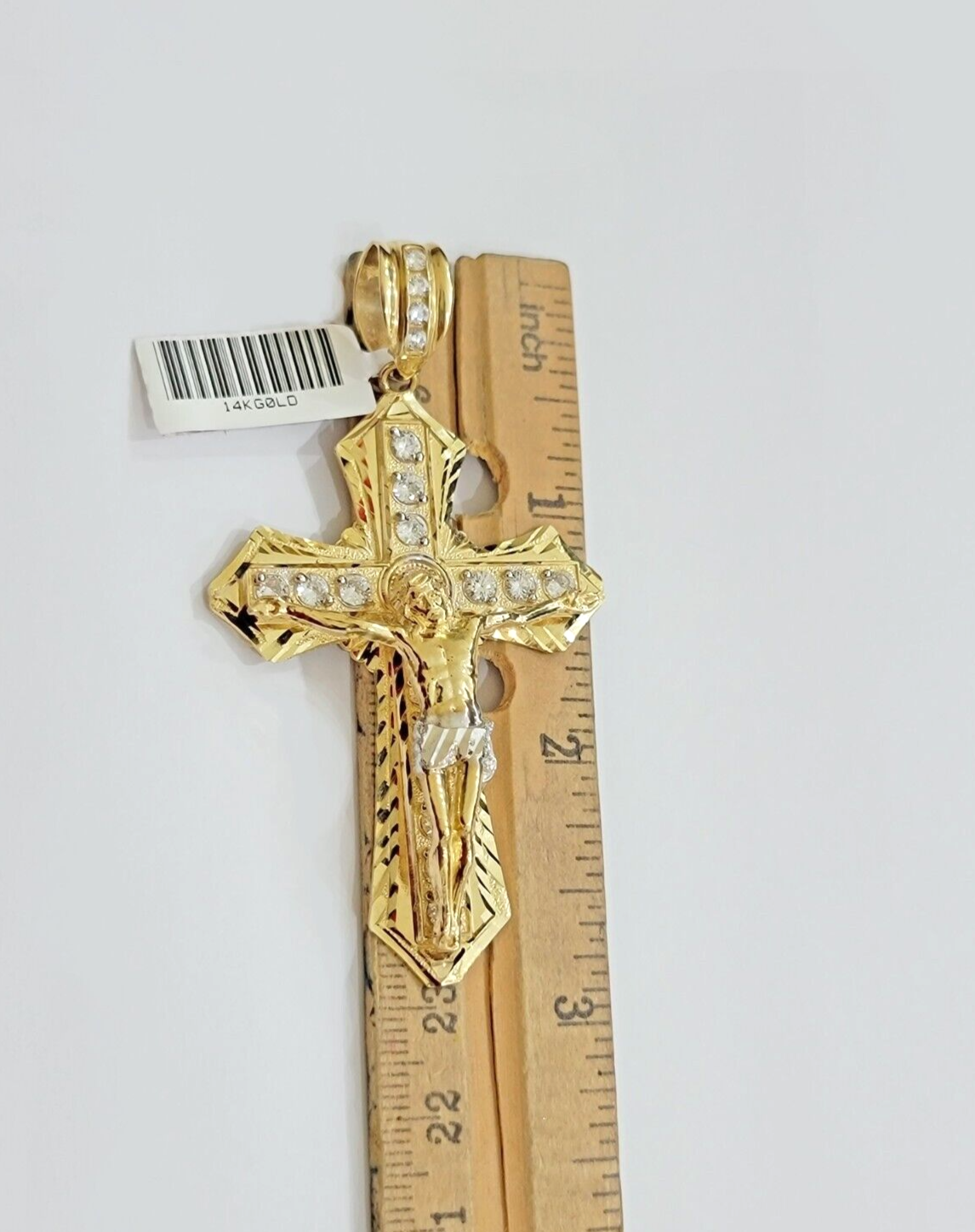 14k Yellow Gold Cross Jesus Crucifix Pendant 3 Inch 14kt CZ Charm Mens REAL 14kt