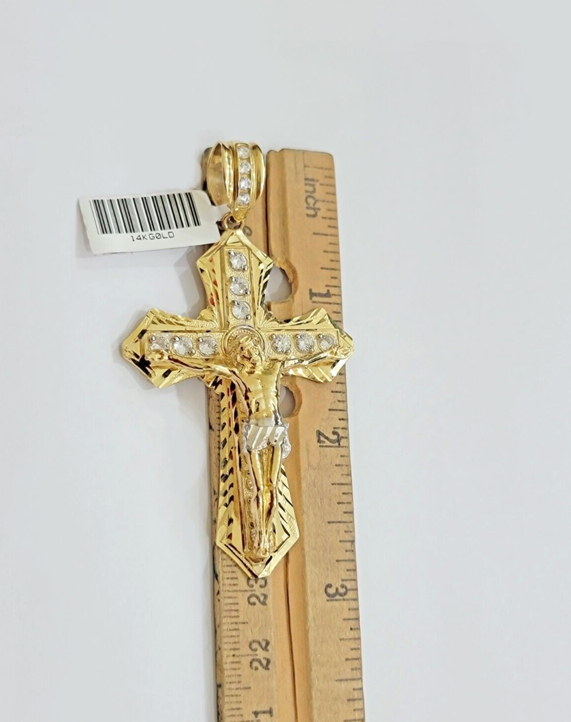 14k Yellow Gold Cross Jesus Crucifix Pendant 3 Inch 14kt CZ Charm Mens REAL 14kt
