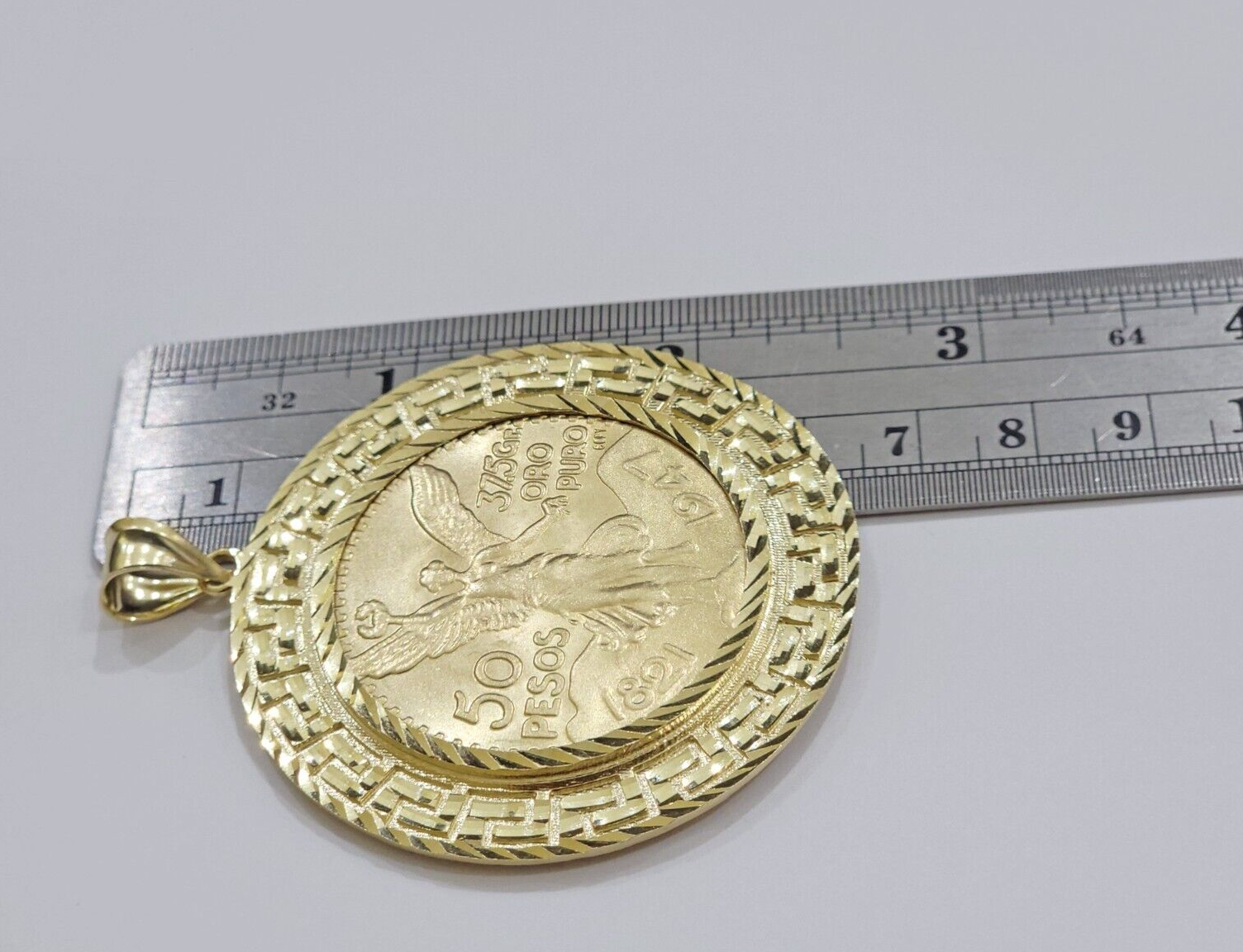 1947 Mexican Centenario 50 Gold Pesos Copy Coin With Bezel Solid 10k Yellow SALE
