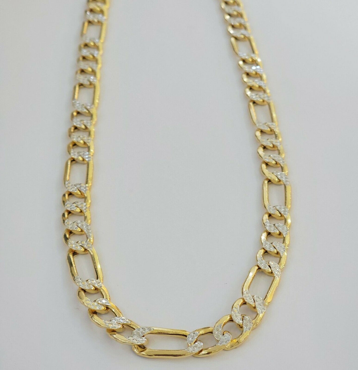 Real Gold 10k Figaro Necklace Men's Chain 9mm 24" Inch Yellow Gold Diamond Cuts