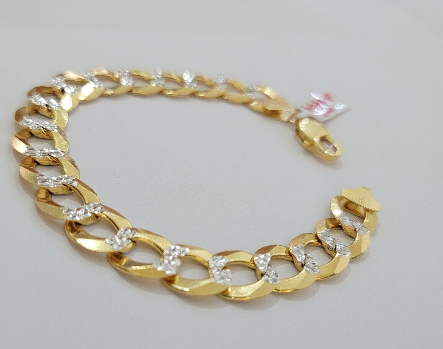 Solid 14k Gold Cuban Curb link Bracelet 9 Inch 13.5mm Two-Tone Diamond Cut Heavy