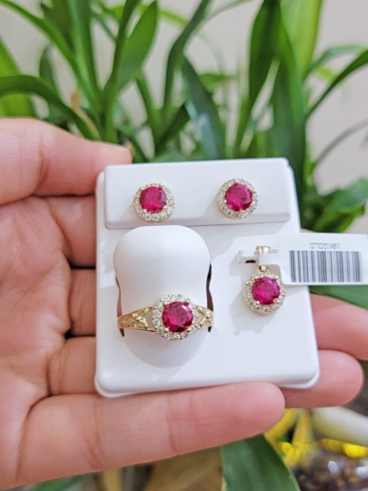 Real 10k Yellow Gold earring ring and pendant Ruby set for ladies / Women , 10KT