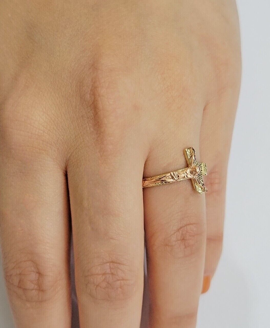 Ladies Ring 10k Yellow Rose Gold Jesus Cross REAL Crucifix Unique Band For SALE