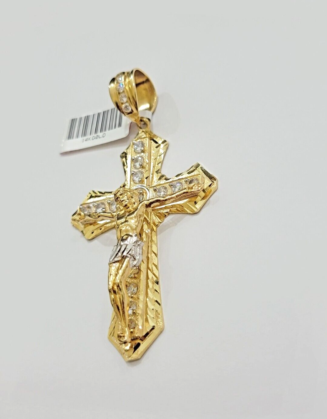 14k Yellow Gold Cross Charm Pendant Jesus Crucifix 3" With Stone Mens REAL 14kt