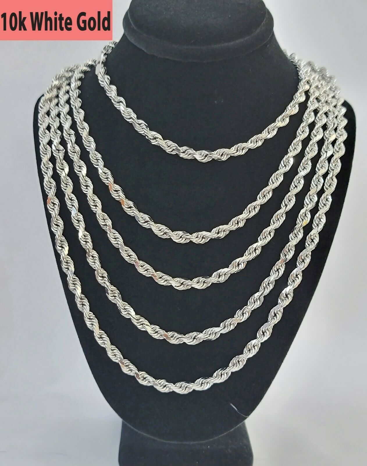 Real Gold 10k Rope Necklace Men's Chain 4mm 20" 22" 24" White Gold Diamond Cuts