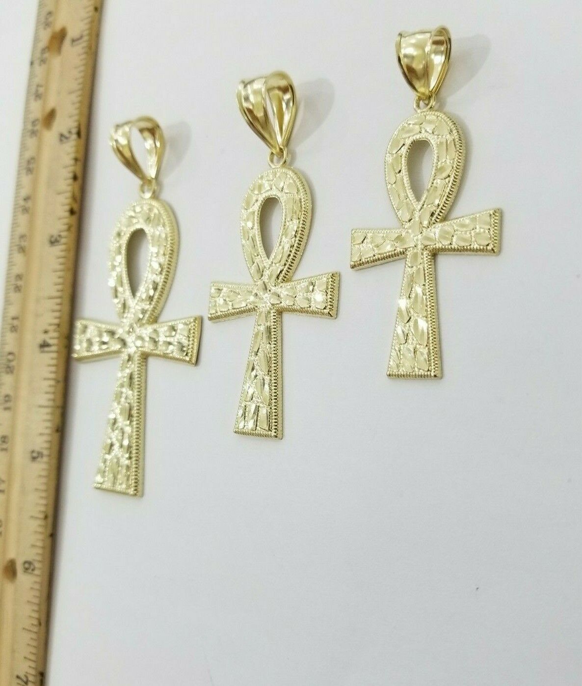 Real Gold Ankh Cross Charm Pendant 10k Yellow Gold Nugget Diamond Cuts Men Women