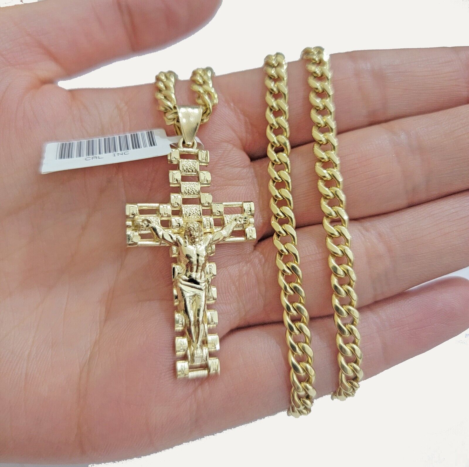 REAL 10k Yellow Gold Chain Cross Pendant Set Miami Cuban Link Necklace 5mm 18-28