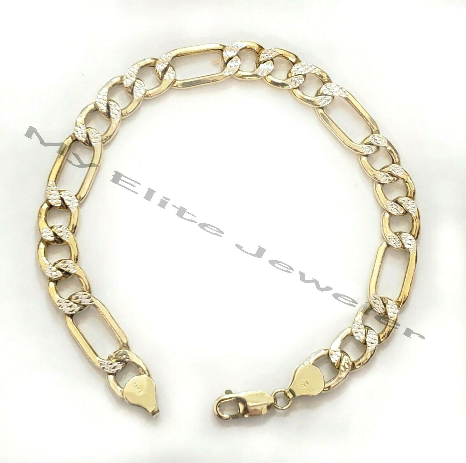 10k Yellow Gold Figaro Link Bracelet 7.5" Inch Diamond Cut 100% REAL 8mm , REAL