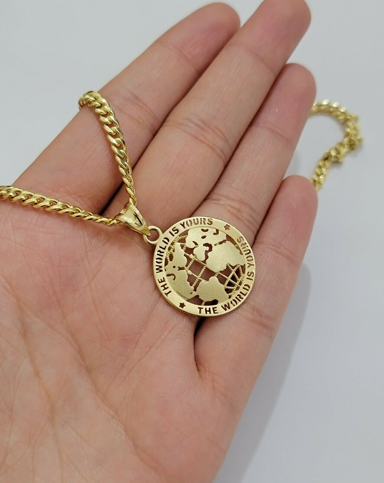 Real 10k Gold Miami Cuban 24" Chain Pendant Set 3.5mm Necklace World Map Charm