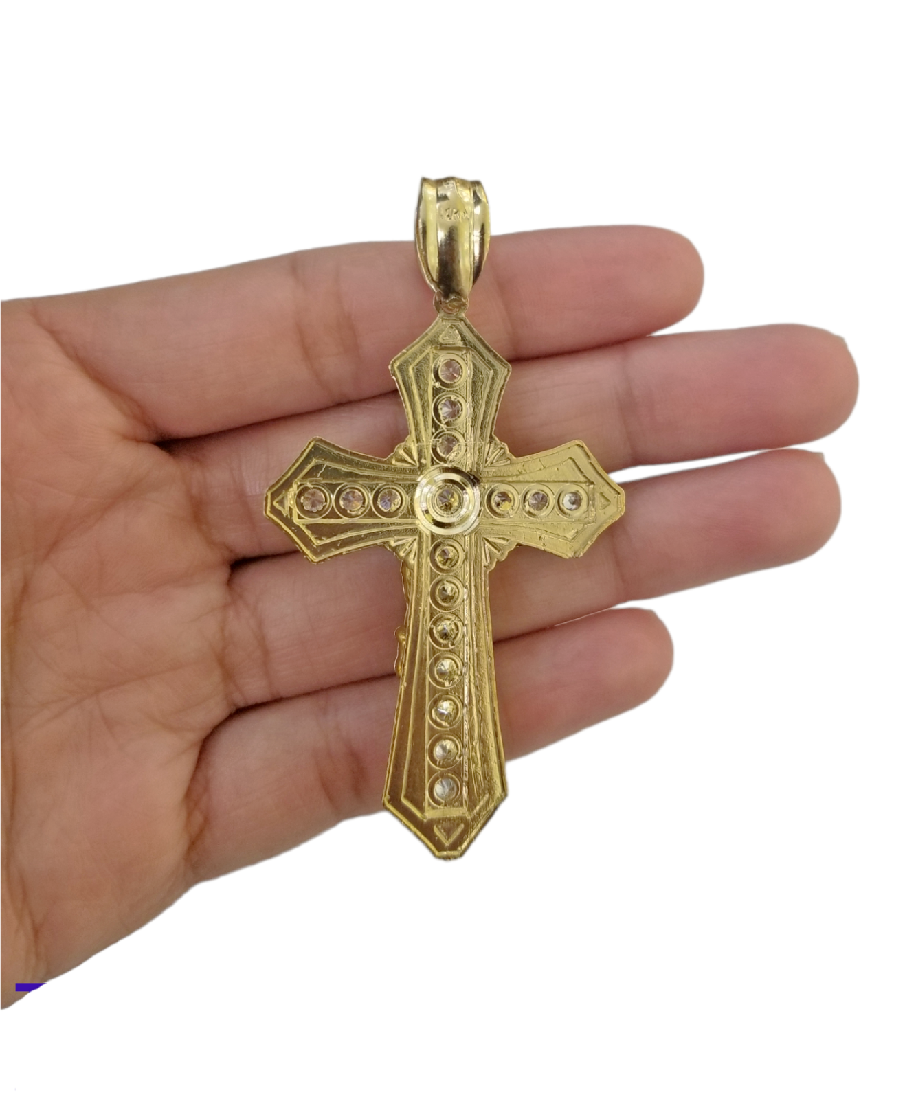 Real 10k Yellow Gold Jesus Cross Charm Men's pendant 3.75" With cubic Zirconia