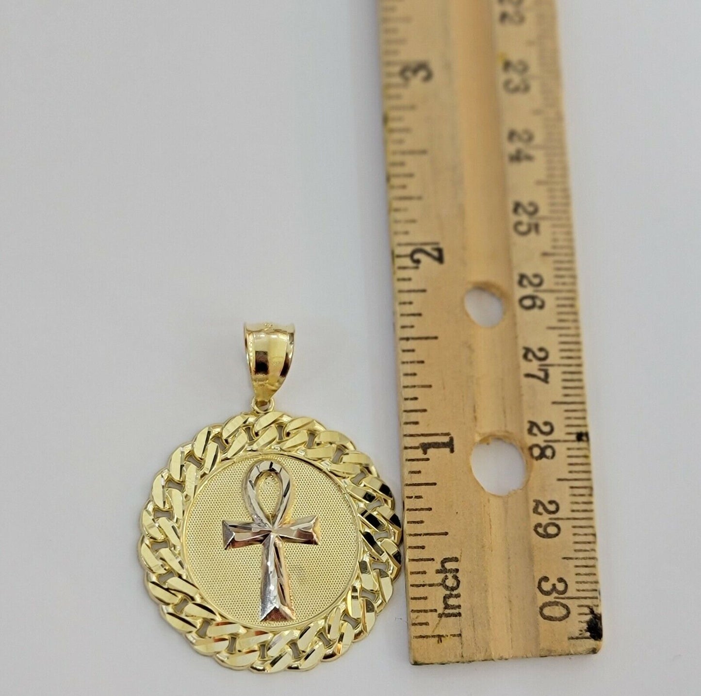 Real 10k Yellow Gold Charm Pendant Ankh Cuban Link Style Medallion Round 10kt