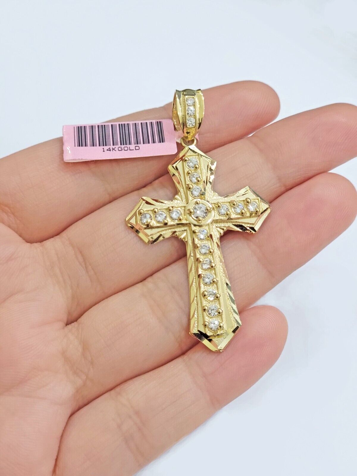 Real 14k Yellow Gold Cross Charm Pendant 2 Inch Diamond Cuts CZ Charm For Chains