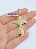 Real 14k Yellow Gold Cross Charm Pendant 2 Inch Diamond Cuts CZ Charm For Chains
