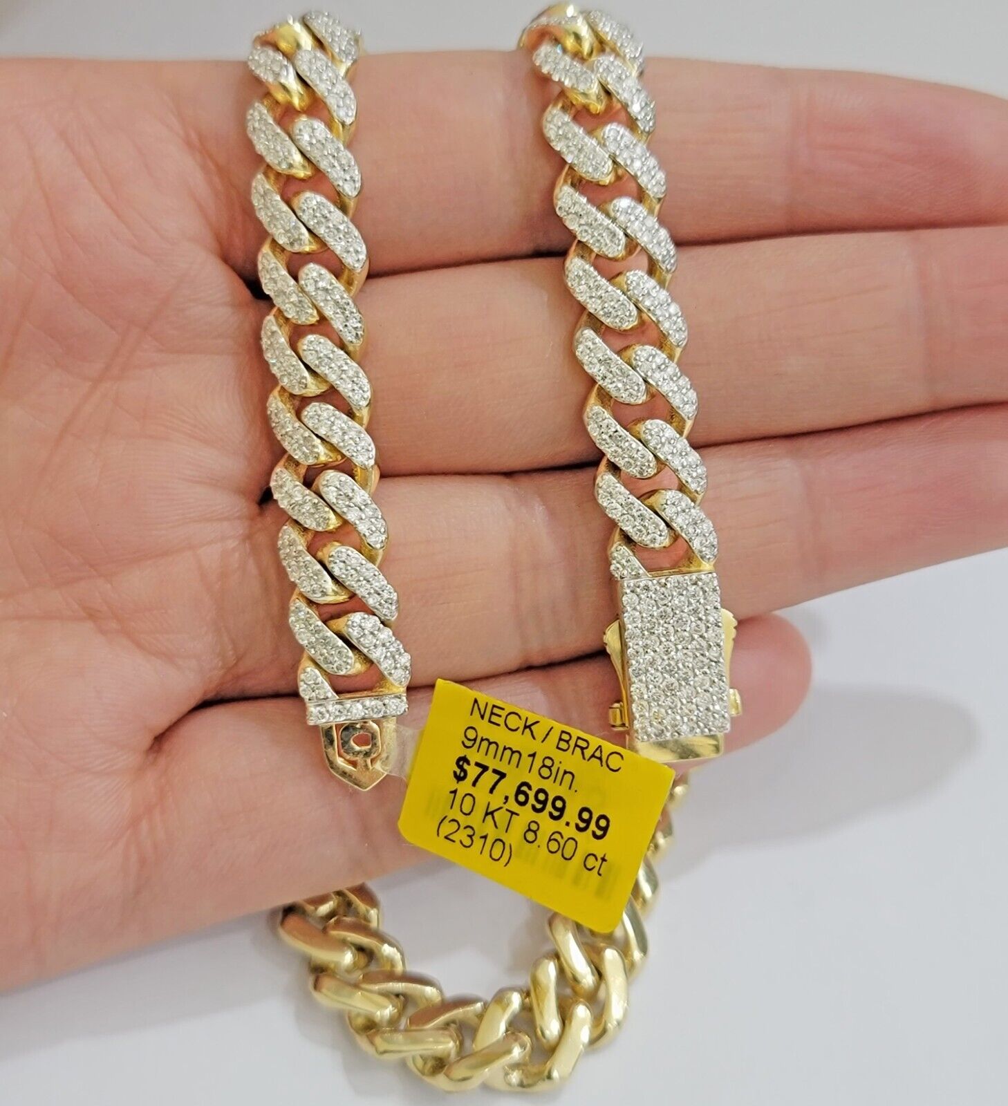 10k Yellow Gold Diamond Chain 18 Inch Necklace 9mm REAL 8.50 CT Dia, MENS CHOKER