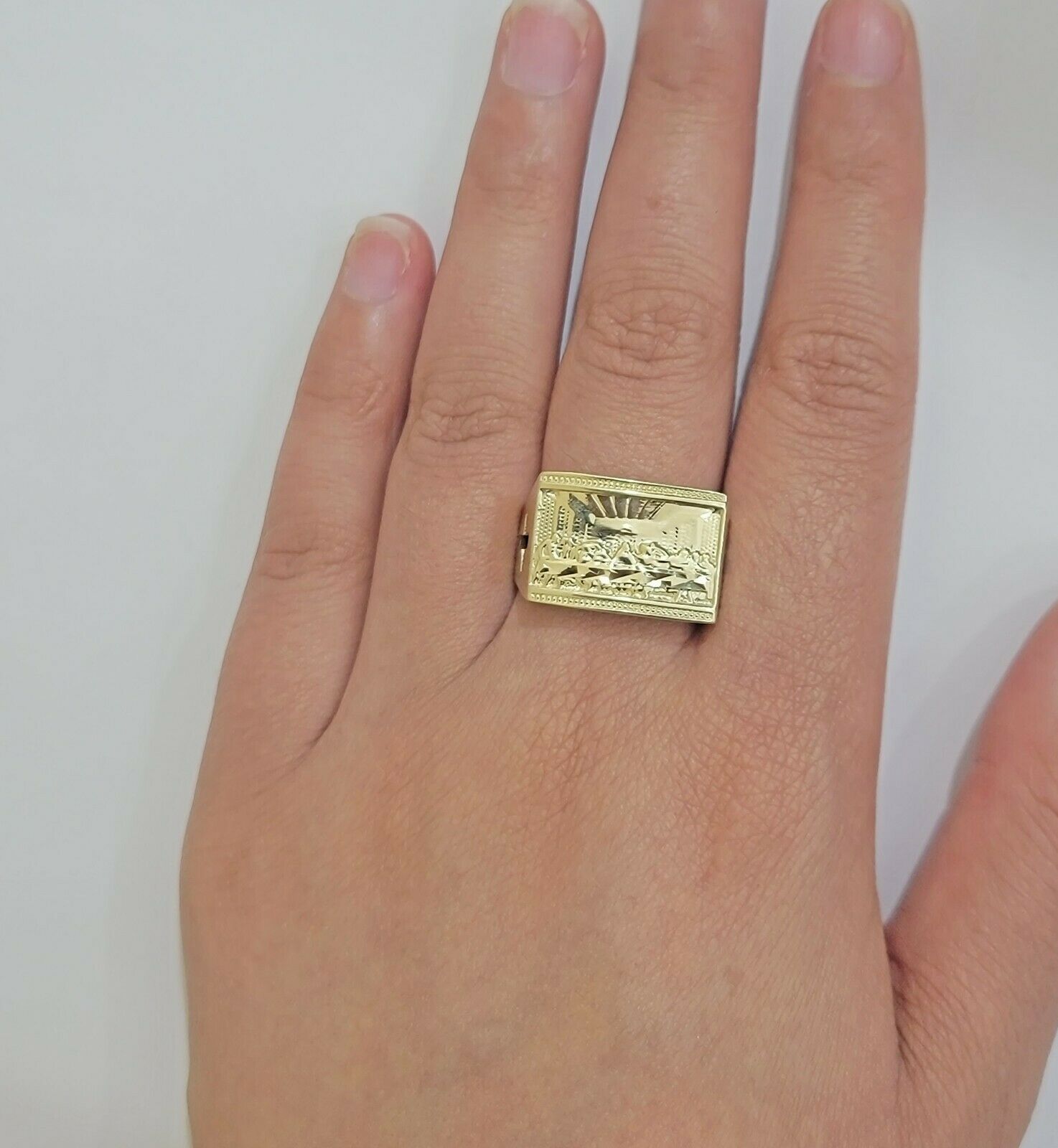 Solid Real Gold Men's Ring Last Supper 10k Yellow Gold Casual,Pinky, Square,10kt