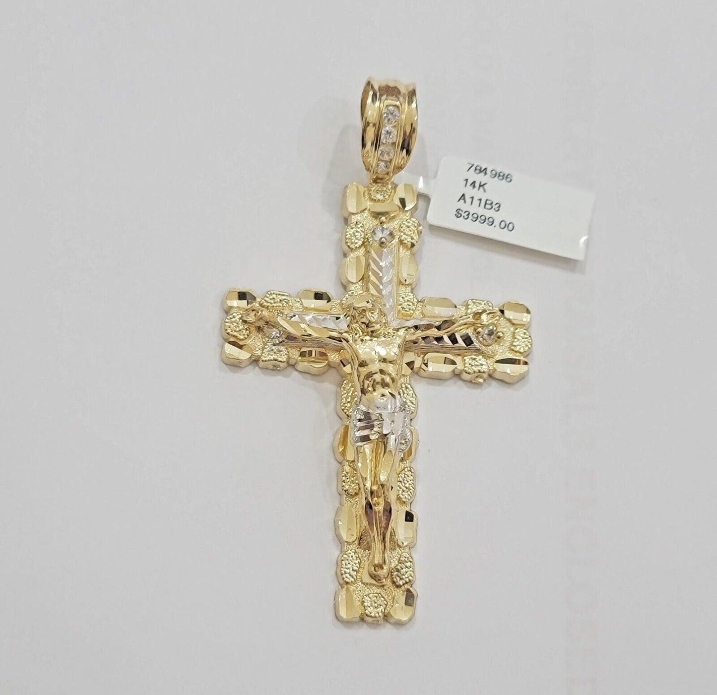 Real 14kt Gold Cross Charm Pendant Jesus Crucifix 3" Yellow Gold For Men's Chain