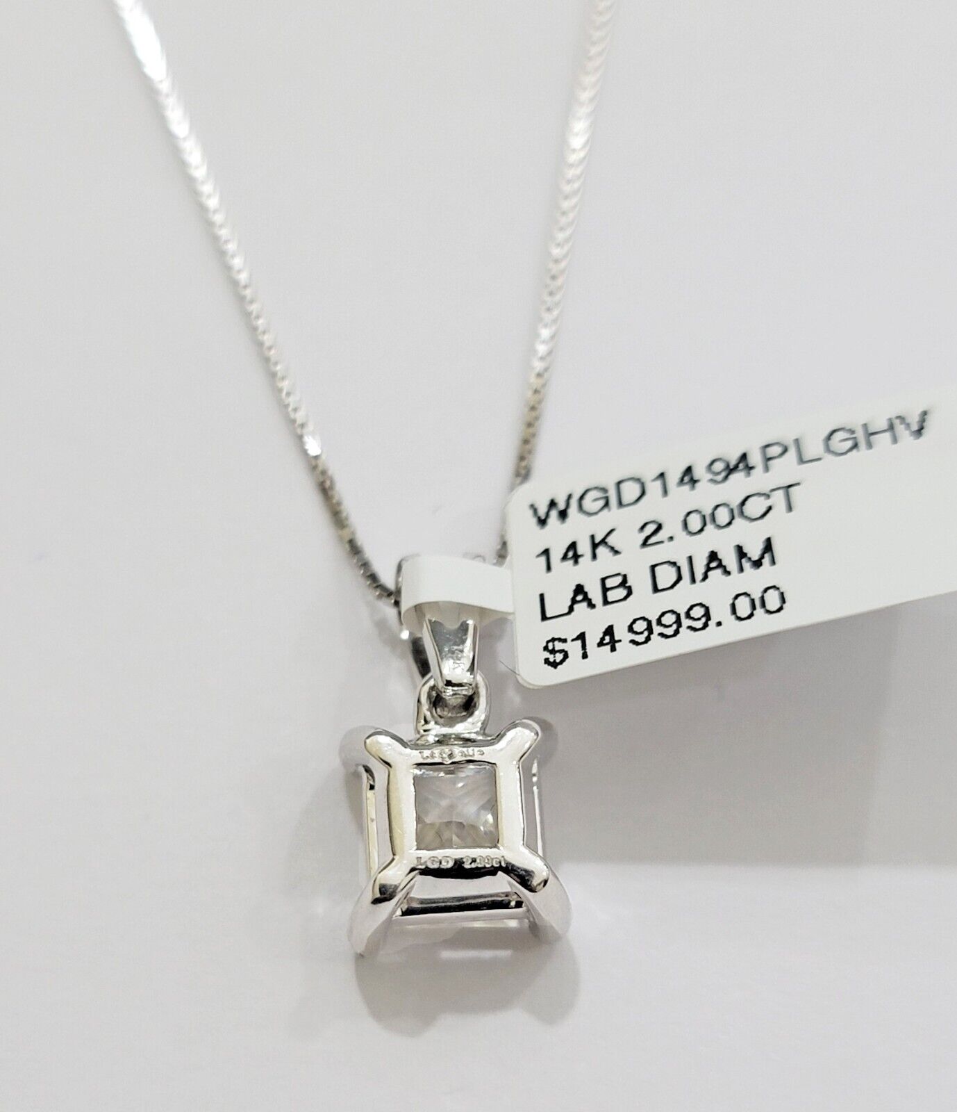 Real Ladies Diamond Solitaire Pendant 2CT 14k White Gold Princess Cut Lab-made