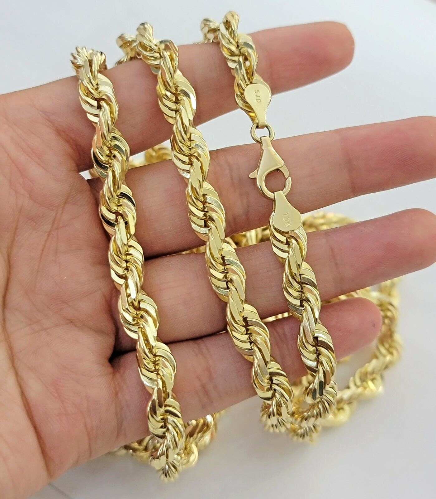 9mm Rope Chain Necklace 10k Yellow Gold 24" Inch Diamond Cuts Solid REAL 10KT