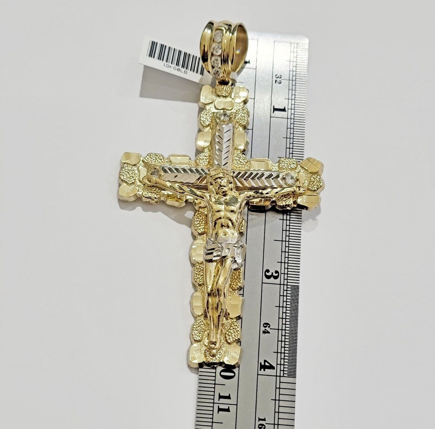 10k Yellow Gold Jesus Cross Charm pendant 4" Inch Mens With Stone, Real 10kt for Sale