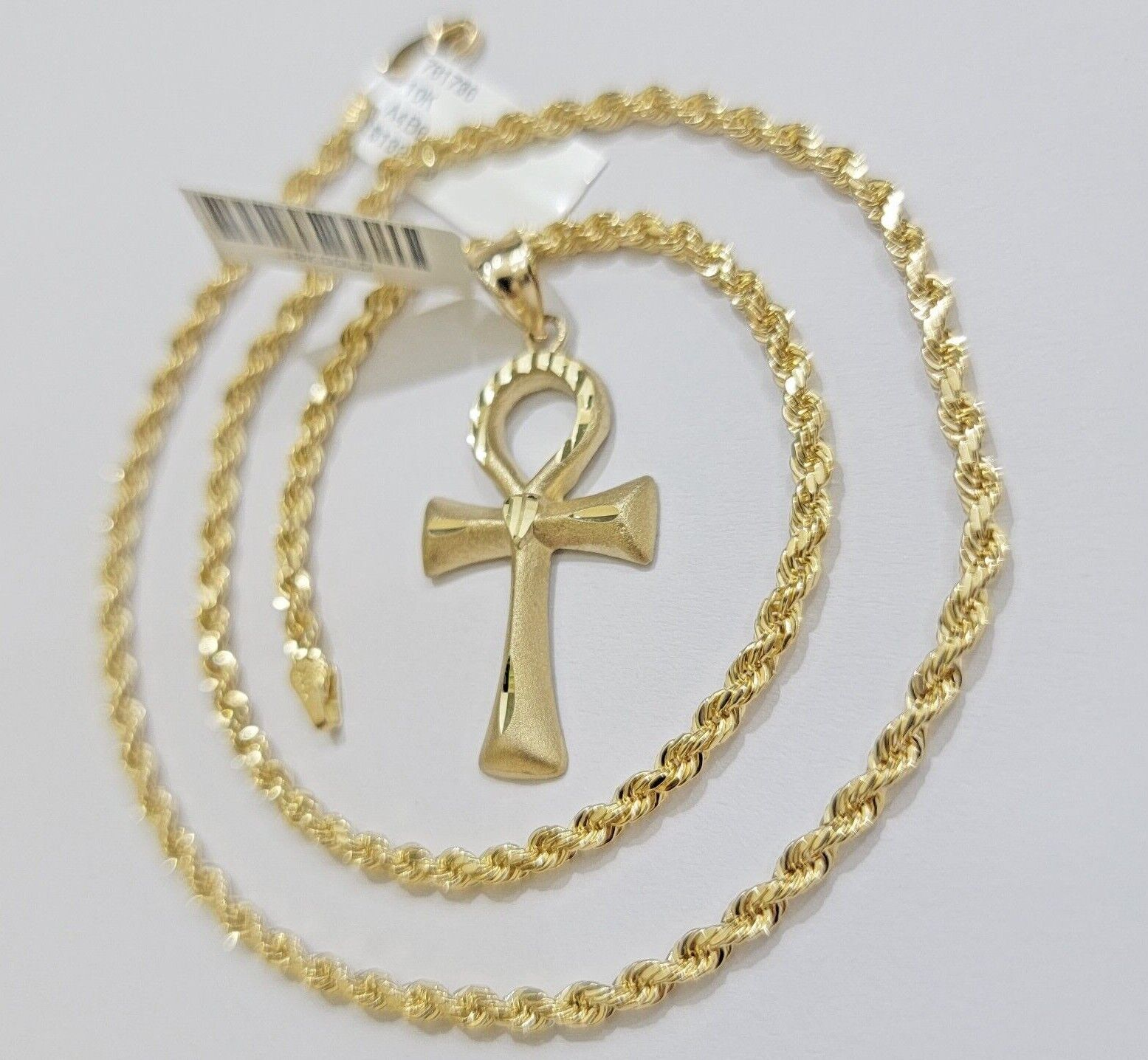 10k Gold Rope Chain Ankh Cross Charm Pendant Set 18" Inch 3mm Necklace, REAL SET
