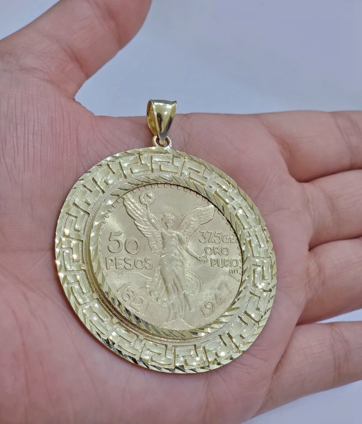 1947 Mexican Centenario Coin Charm Pendant 50 pesos With Bezel Solid 10kt Gold
