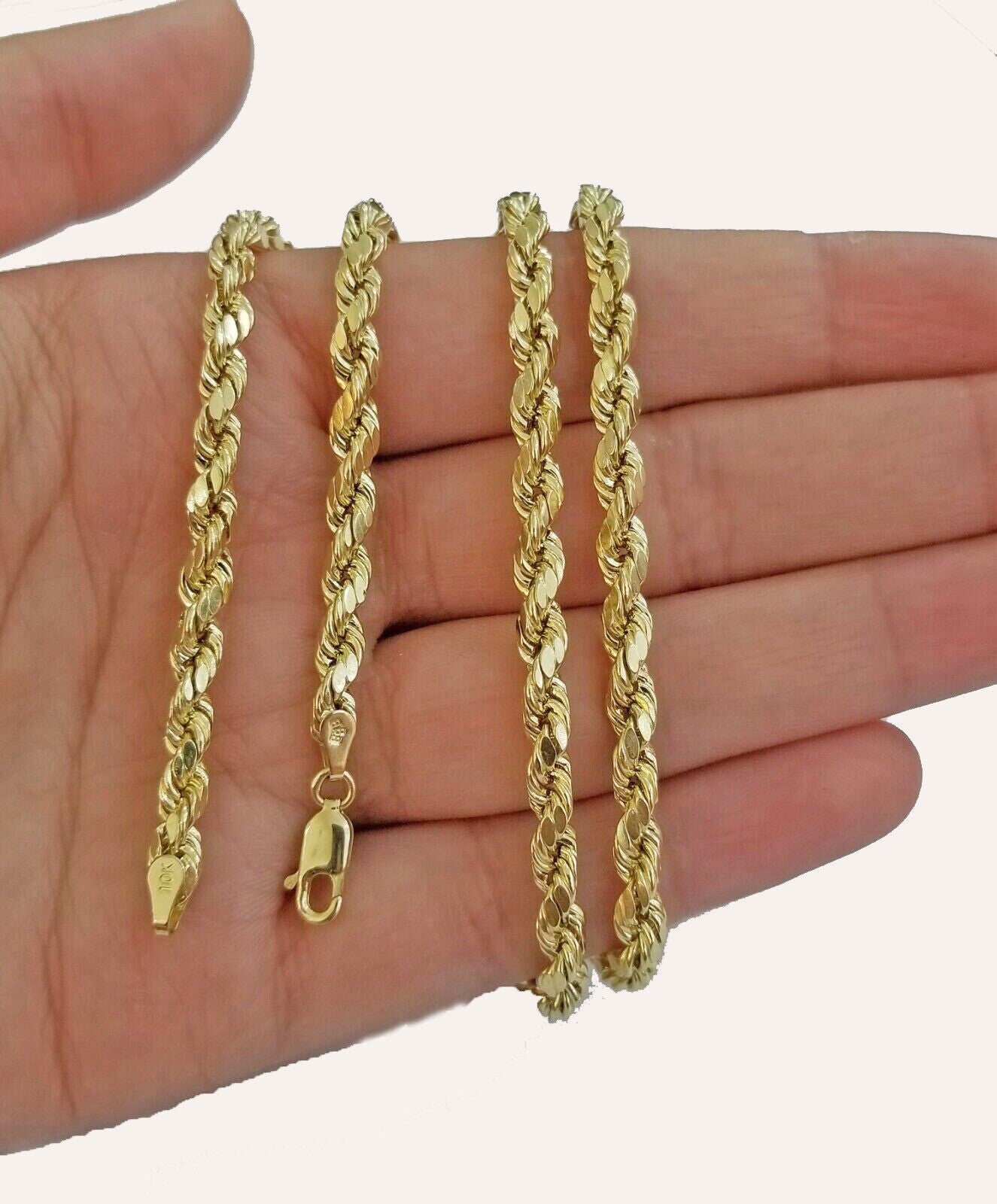 Real 10k Yellow Gold Rope Chain Necklace 4mm 18"- 30" Inch Diamond Cuts 10kt