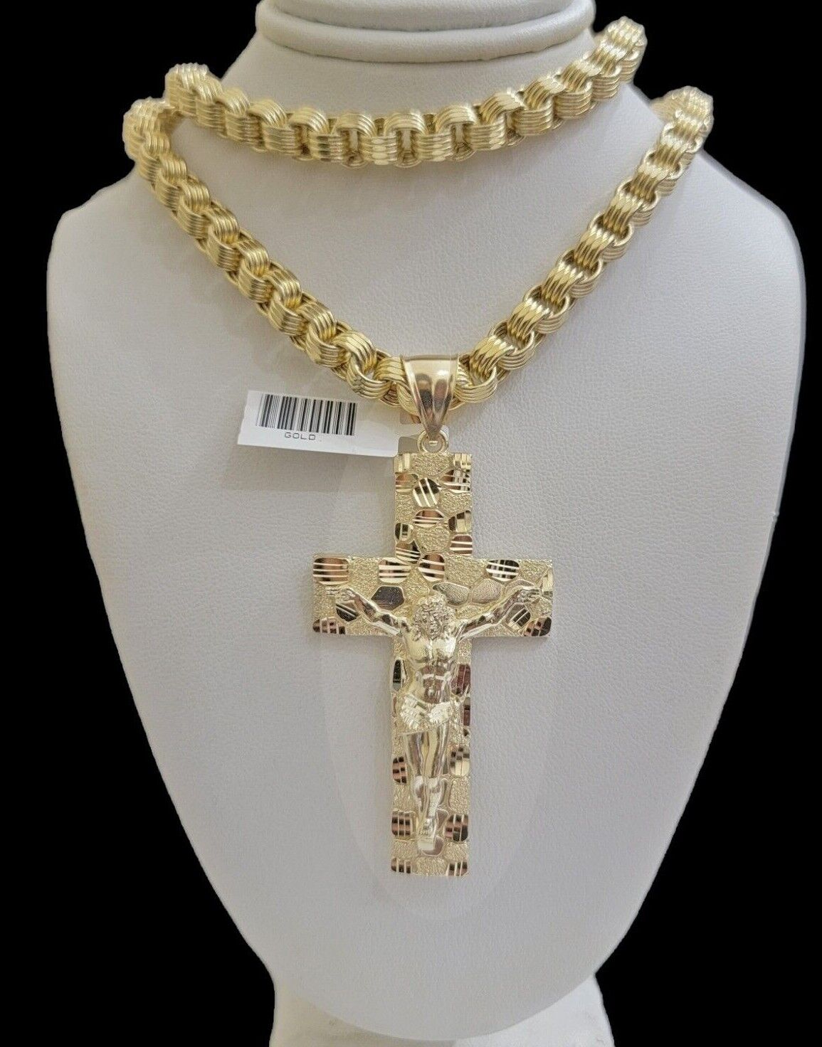 Real 10k Yellow Gold  Byzantine Chain Nugget Cross Charm Pendant Necklace SETS