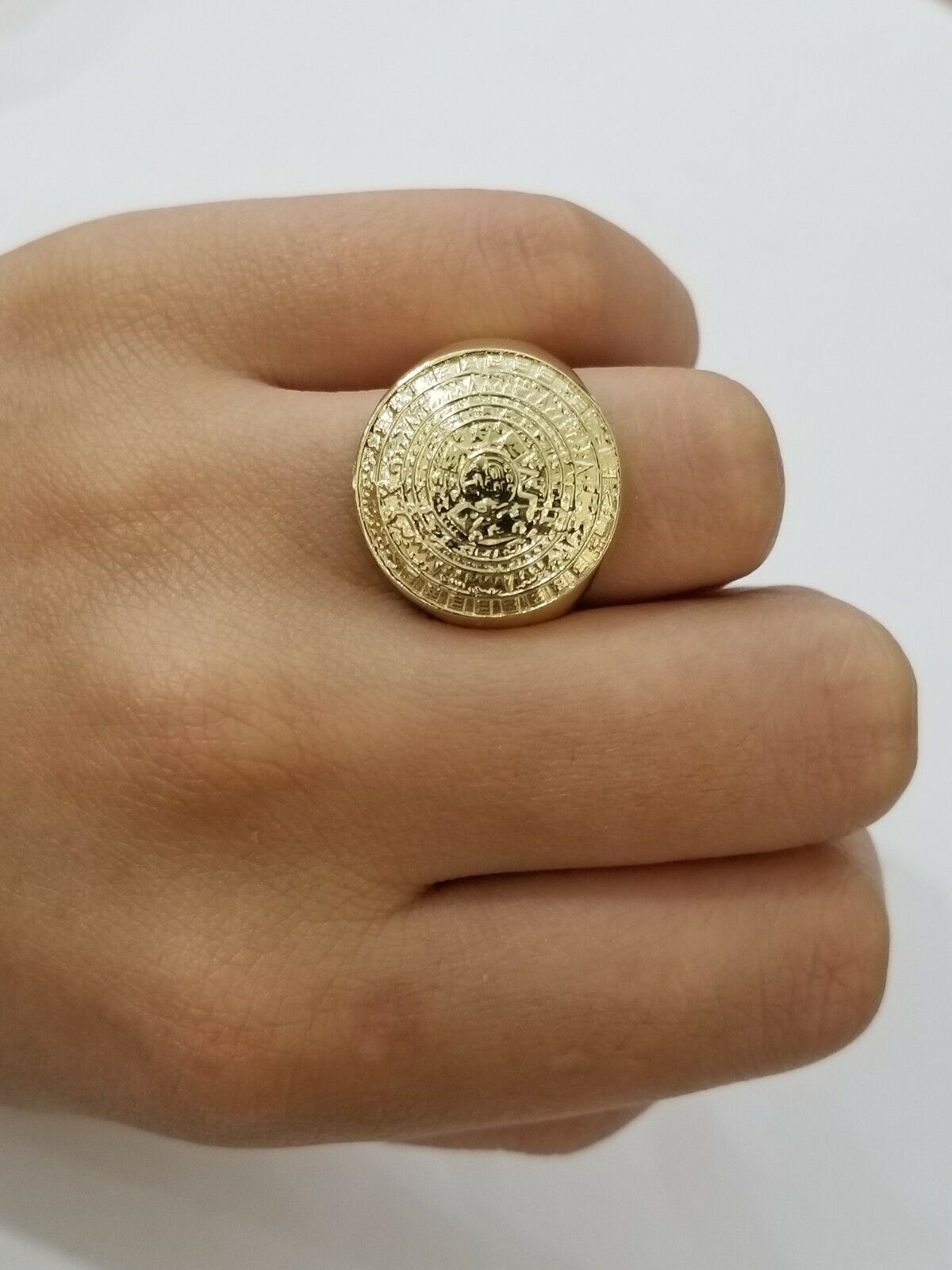 Mens Ring Solid 10k Yellow Gold Aztec Mayan Sun Calendar 10 KT  REAL Gold Unique