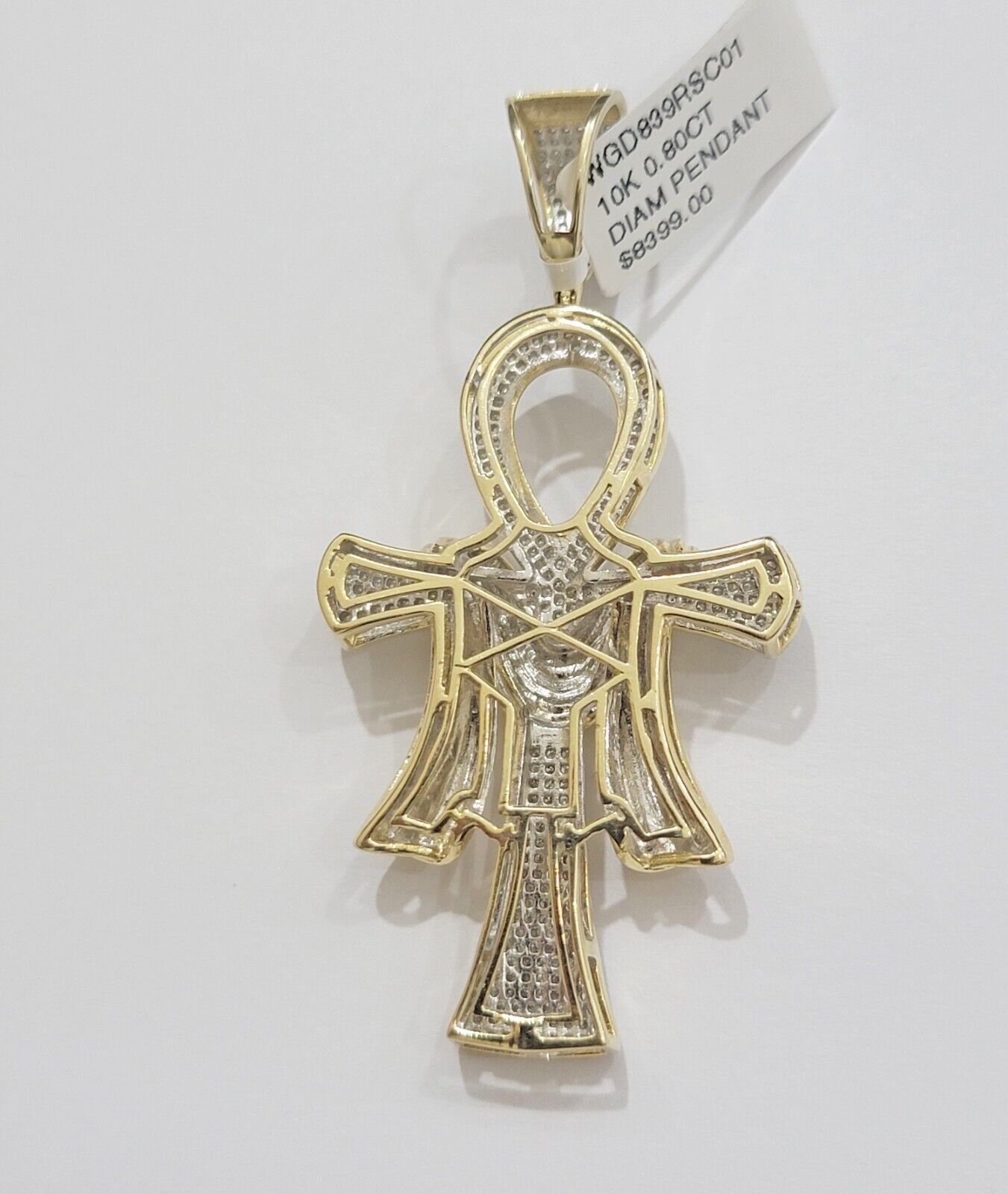 Real 10k Yellow Gold Diamond Ankh Cross Charm Pendant 0.80 CT Mens 2.5Inch