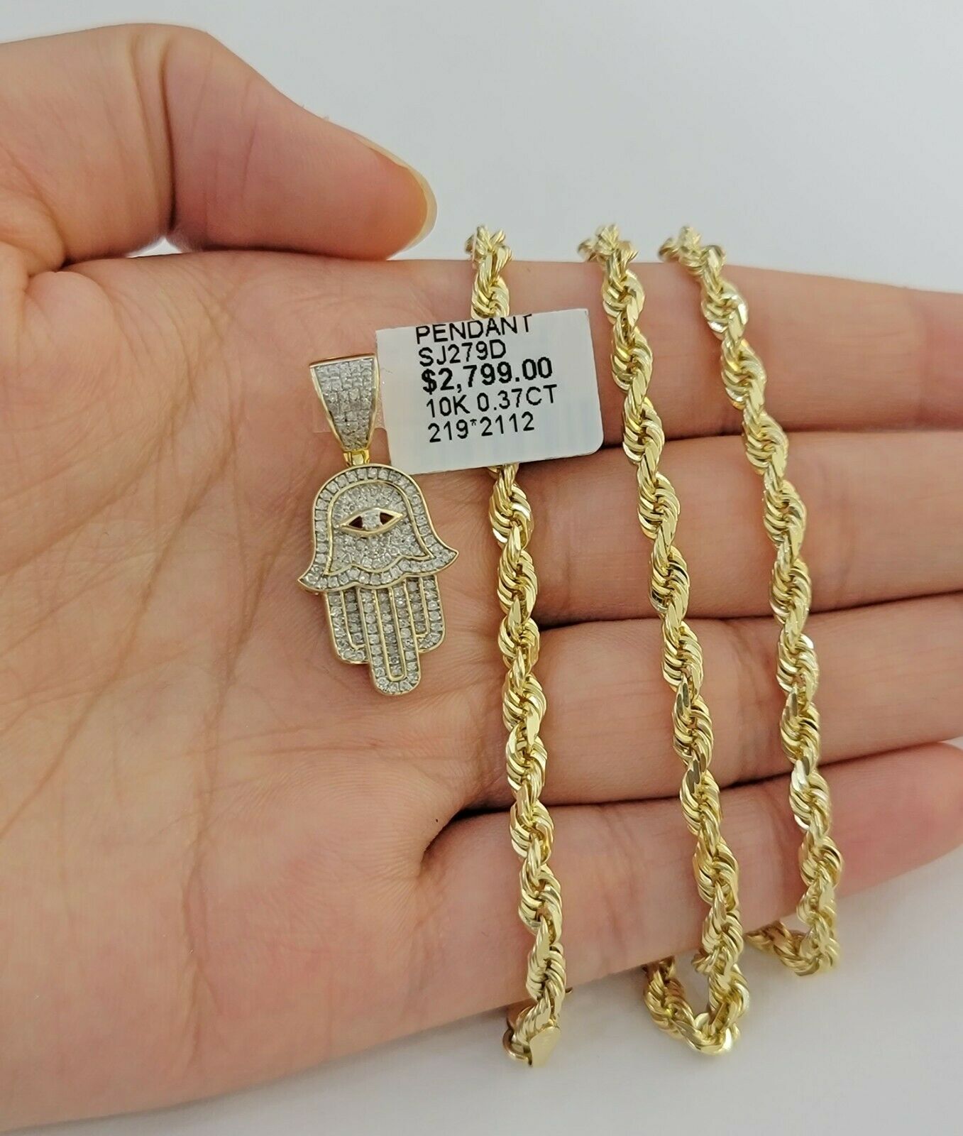 Solid 10k Gold Rope Chain Diamond Pendant Hamza Hand Charm Necklace 22